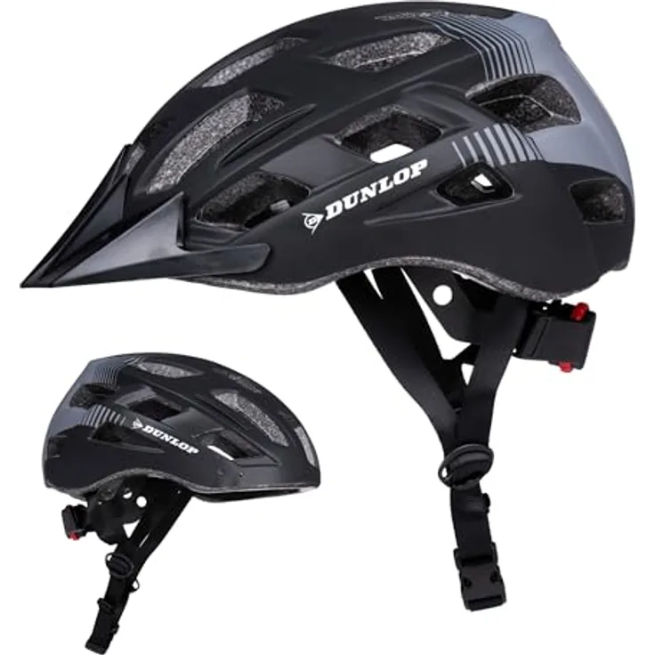 Dunlop Fahrradhelm M mit verstellbarem Umfang 55-58 cm, LED-Beleuchtung mit 3 Lichtmodi, schwarz