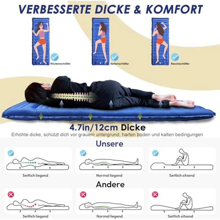 Arlierss Camping Isomatte 12CM Dick mit Integrierter Fußpumpe und Kissen, ultraleicht, wasserfest, 200 x 68 cm – Bild 2
