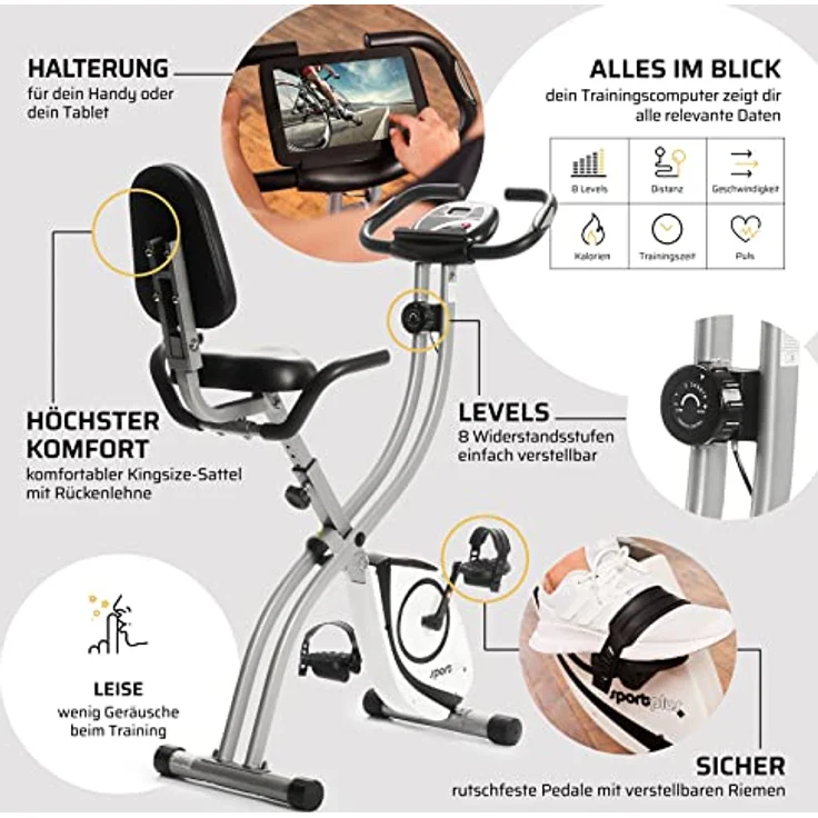 SportPlus Heimtrainer klappbar für zuhause, optional mit App Steuerung, Rückenlehne,Pulsmessung, manuelle oder computergesteuerte Widerstände, X Bike platzsparend faltbar – Bild 4