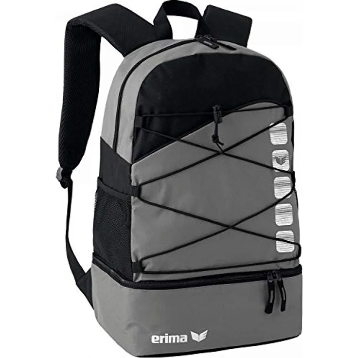 Erima CLUB 5 Multifunktionsrucksack mit Bodenfach, granit/schwarz, geräumiges Hauptfach, 25l, gepolsterte Schultergurte, abnehmbare Balltasche