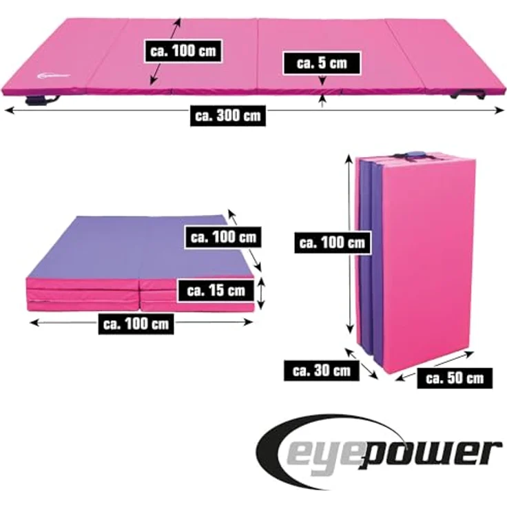 eyepower Fitnessmatte 300x100 Klappbare Gymnastikmatte 5cm dicke Matte, Kinder - Weichbodenmatte, XL Turnmatte, 2 Farben, RG20, wasserdicht - blau / grün – Bild 5