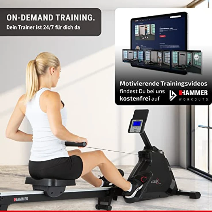 HAMMER Rudergerät Cobra XTR Plus II für zu Hause – Rudermaschine mit innovativem Trainingscomputer, Smartphone-/Tablethalterung, bis 130 kg Nutzergewicht, 232 x 55 x 75 cm, Schwarz, 4532 – Bild 2
