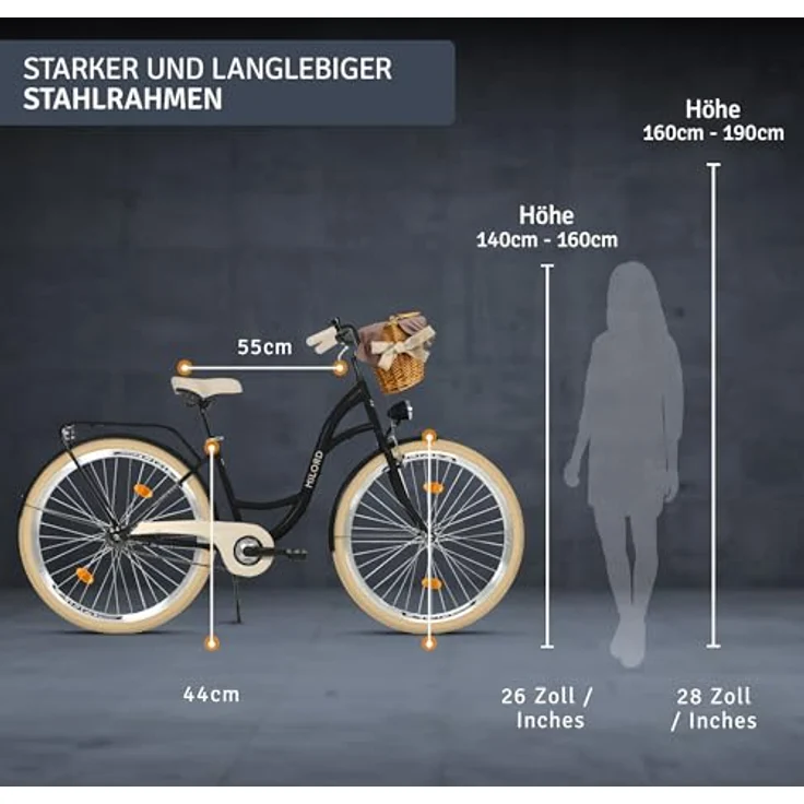 Milordbikes City-Fahrrad, Schwarz-Creme, 46 cm, Aluminiumfelgen, leicht rollende City-Reifen 700C x 35 mm – Bild 3