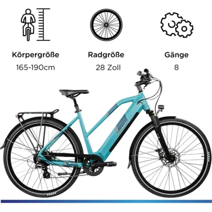 ZÜNDAPP Z810 Ebike Damen 28 Zoll Trekkingfahrrad, 8 Gänge, 165-190 cm, türkisblau, hydraulische Scheibenbremsen, 550 Wh Akku – Bild 3