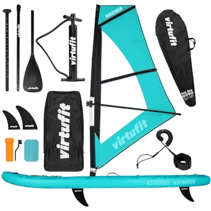 VirtuFit Surfer 305, Aufblasbares Stand Up Paddle Board in Türkis inkl. Windsurf-Set, 305 cm, 2 m² Segel, 180 kg Traglast – Bild 1