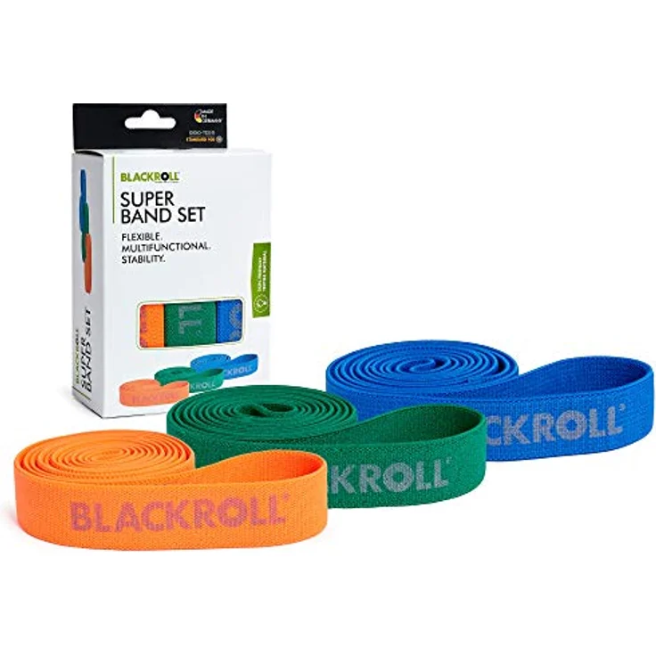 BLACKROLL® SUPER Band FITNESSBAND Set (3er), Gymnastikbänder in 3 Stärken: leicht (orange), mittel (grün), stark (blau), Made in Germany – Bild 1