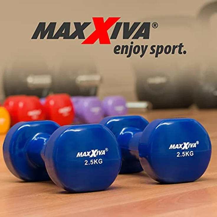 MAXXIVA Hantelset Kurzhanteln Vinyl Stahlkern Fausthanteln Gymnastikhanteln Sport Krafttraining Fitness Gewicht Farbe wählbar (blau (2 x 2,5 kg)) – Bild 5