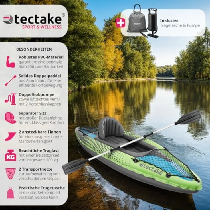 tectake® Aufblasbares Kajak Boot, 1-Personen Paddelboot mit Doppelpaddel, Sitz, Pumpe und Transporttasche, robustes PVC, spurtreue Finnen, ideal für Wassersport und Angeln – Bild 2