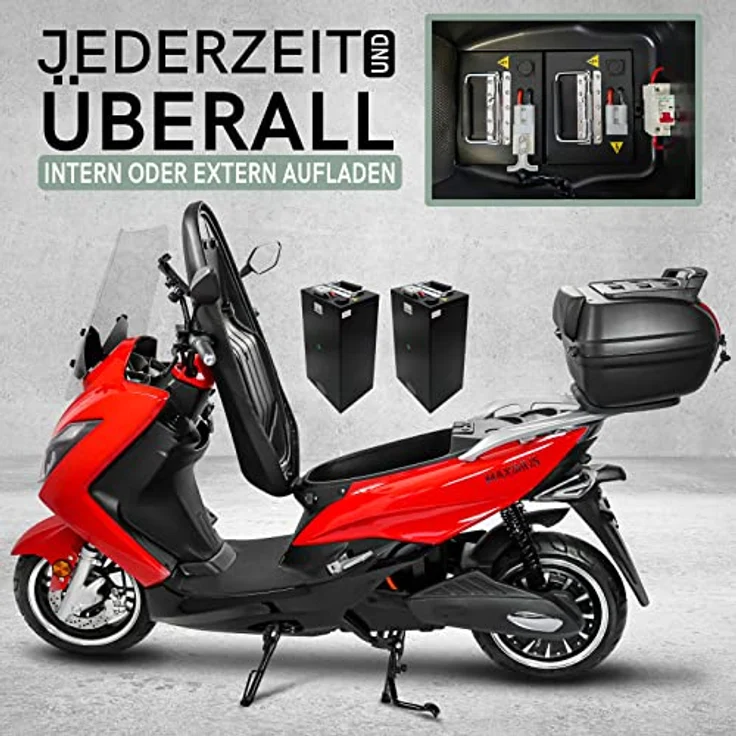 Maximus Rolektro MX2 Elektromoped 45 km/h - 3000 Watt E-Mofa mit 2 herausnehmbaren 60V/32,5Ah Lithium-Akkus - 170 km Reichweite - 2 Personen E-Moped mit LED-Licht - eMoped mit Straßenzulassung, Maximus Schwarz – Bild 4