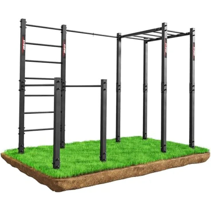 K-Sport Calesthenics Turnstange Garten, wetterfeste Kraftstation bis 150 kg, inkl. Barren, Sprossenwand, Klimmzugstange & Hangelleiter, Schwarz, Made in EU