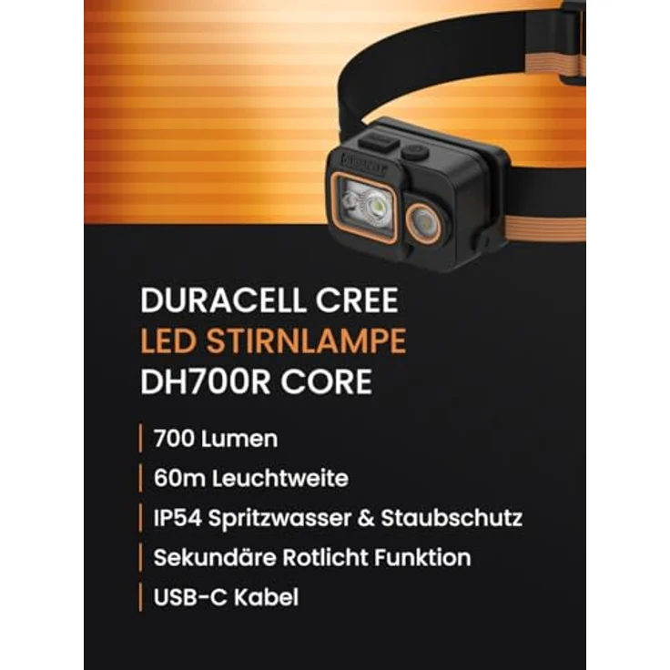 Duracell LED Stirnlampe DH700R Core, 700 Lumen, Digital-Fokus, bis 60 m Leuchtweite, Rotlichtfunktion, USB-C wiederaufladbar, IP54 spritzwassergeschützt – Bild 2