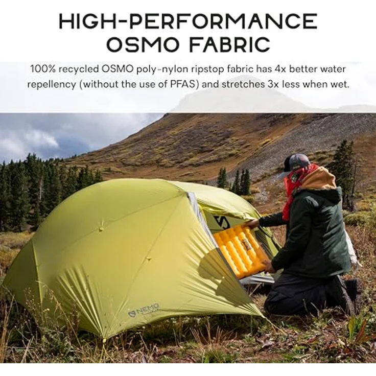 Nemo Dragonfly OSMO 2P, Zelt aus hochfestem OSMO Poly-Nylon-Ripstop-Gewebe, 100% recycelte Garne, PFAS-frei, mit großzügigen Türen und asymmetrischen Vorräumen, farbcodierte eloxierte Stangen – Bild 3