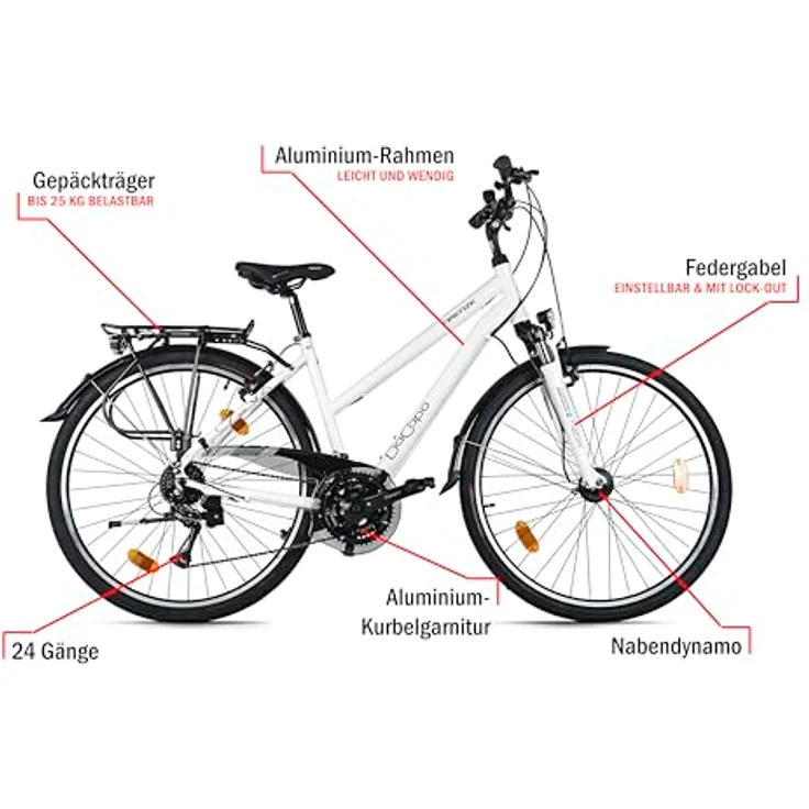 DACAPO Trekkingrad Damen Firenze 200, 28'', weiß, 24 Gänge, RH 48 cm, V-Brakes, SHIMANO Kettenschaltung, Federgabel, StVZO Beleuchtung – Bild 4
