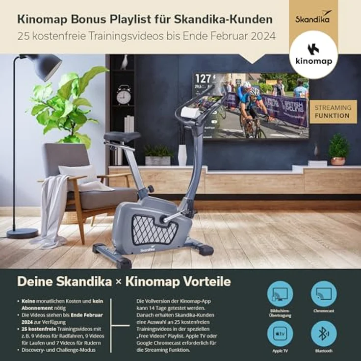 Skandika Wiry Ergometer Heimtrainer 11kg Schwungmasse 24 Trainingsprogramme 32 Widerstandsstufen Magnetbremssystem Bluetooth Kinomap App-Steuerung Transportrollen (grau) – Bild 2