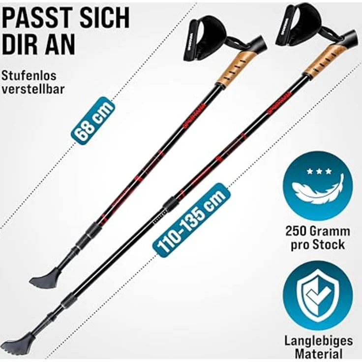 SPORTANA® 2er Set Teleskop Wanderstöcke, 68-135cm verstellbar, Anti-Shock, mit Gummipuffer & Tasche, leicht, für Herren und Damen, in Rot, Orange oder Grau – Bild 4