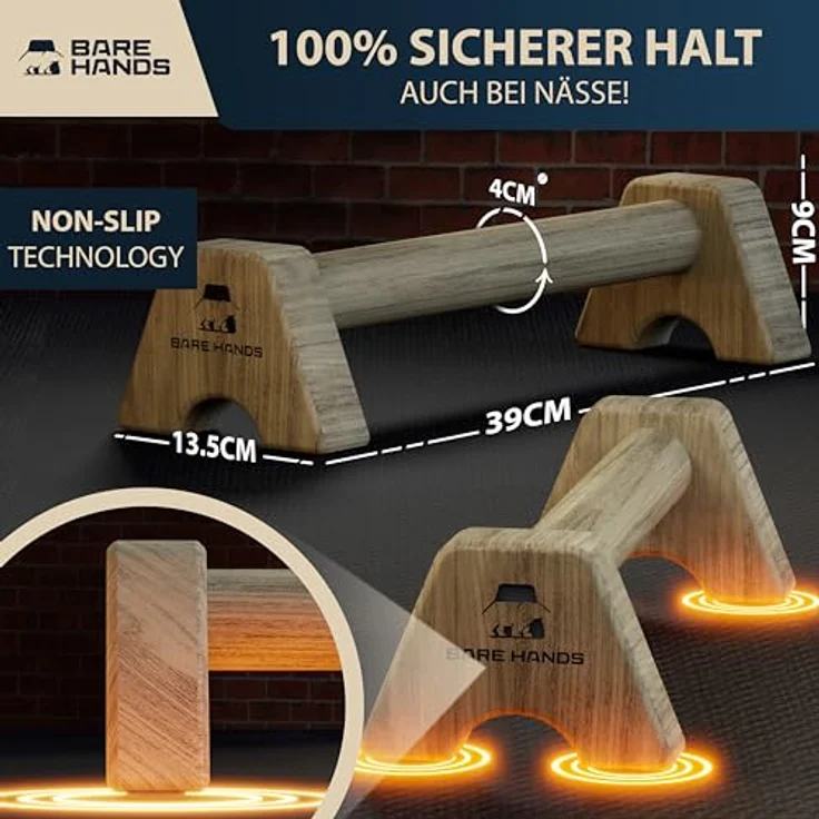 BARE HANDS Liegestützgriffe Modell M – Gelenksschonende & rutschfeste Holz Liegestützgriffe, ideal für Handstand & Liegestütze, Dunkel – Bild 2