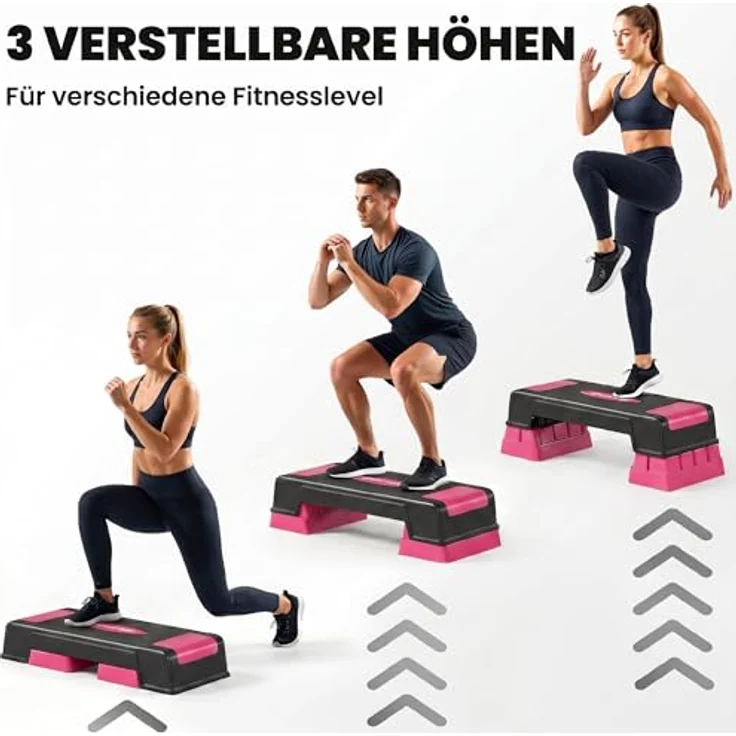 SPORTNOW Aerobic Stepper, 3-stufig verstellbar (12/17,5/22,5 cm), rutschfeste Matte, belastbar bis 250 kg, Schwarz+Rosa – Bild 3