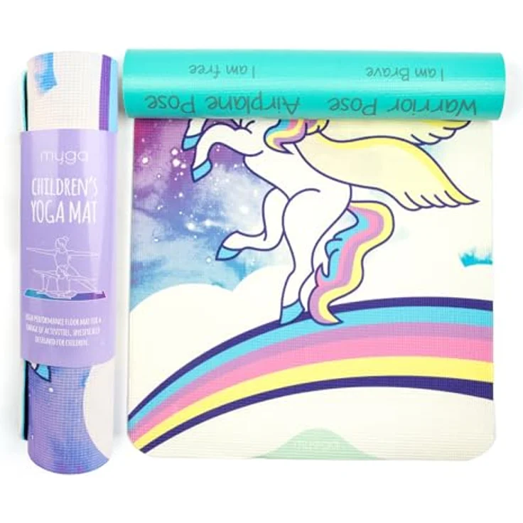Myga Kinder Yogamatte Einhorn Sweet Dreams, rutschfest, 6 mm dick, 150 cm x 55 cm, inkl. Yoga-Posen auf Rückseite, ideal für Yoga und Spiel – Bild 1