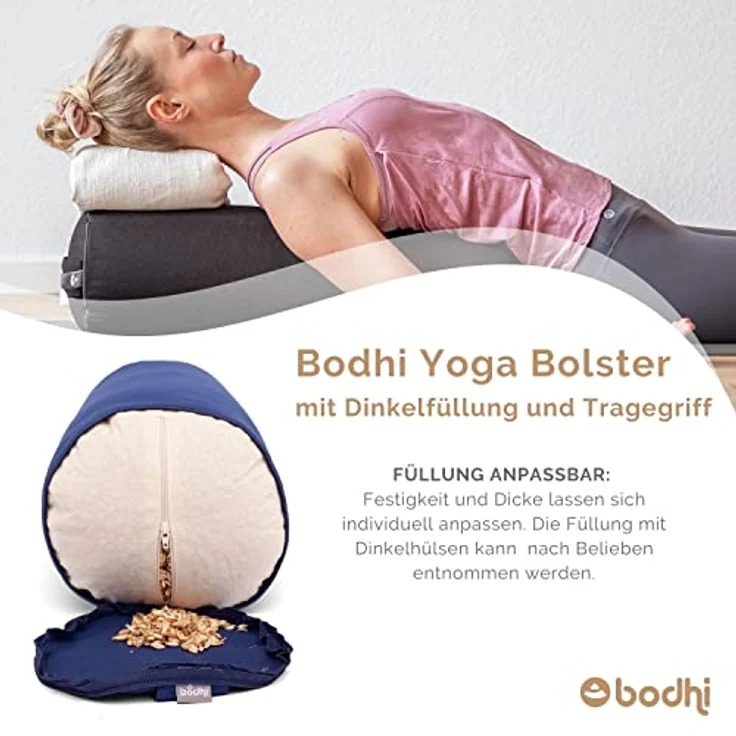 Bodhi Yoga Bolster Rolle Ø 22 cm | Yogarolle mit Bio-Dinkelfüllung | Yogakissen für Restorative & Yin Yoga | Waschbarer Bezug aus Baumwolle | Pilates Kissen mit Trageschlaufe (aubergine) – Bild 4