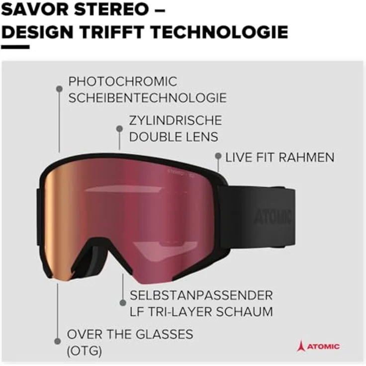 ATOMIC SAVOR STEREO Skibrille, Ski- & Snowboardbrille mit Stereo Scheibentechnologie, großer Live Fit Rahmen für individuelle Passform, klarer Sicht und Anti-Beschlag-Eigenschaft – Bild 2