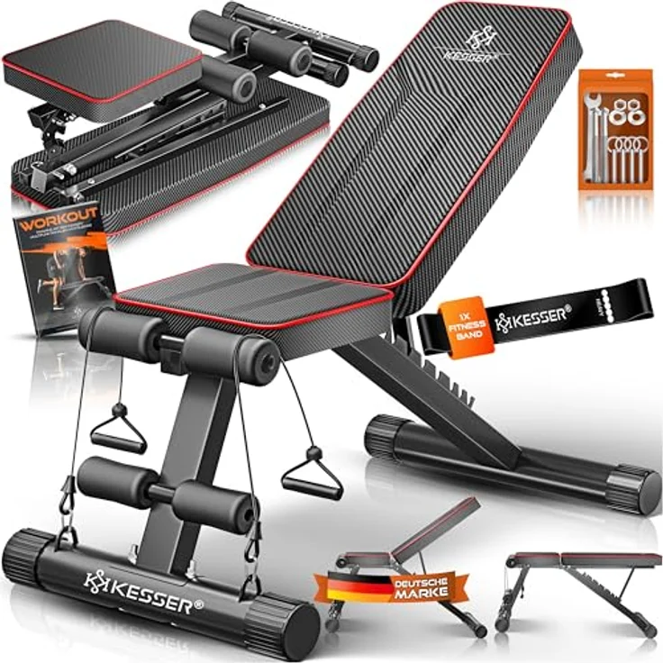 KESSER Klappbare Hantelbank Multifunktionale Trainingsbank mit Rückenlehne, 500kg Belastbarkeit, Carbon-Optik, verstellbar, inkl. Fitnessband für Ganzkörpertraining – Bild 1