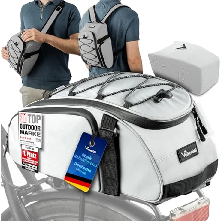 Valkental 3in1 Fahrradtasche für Gepäckträger, 10-14L Volumen, wasserfest & reflektierend, mit Rucksackfunktion und Tragegriff, schwarze Variante – Bild 1