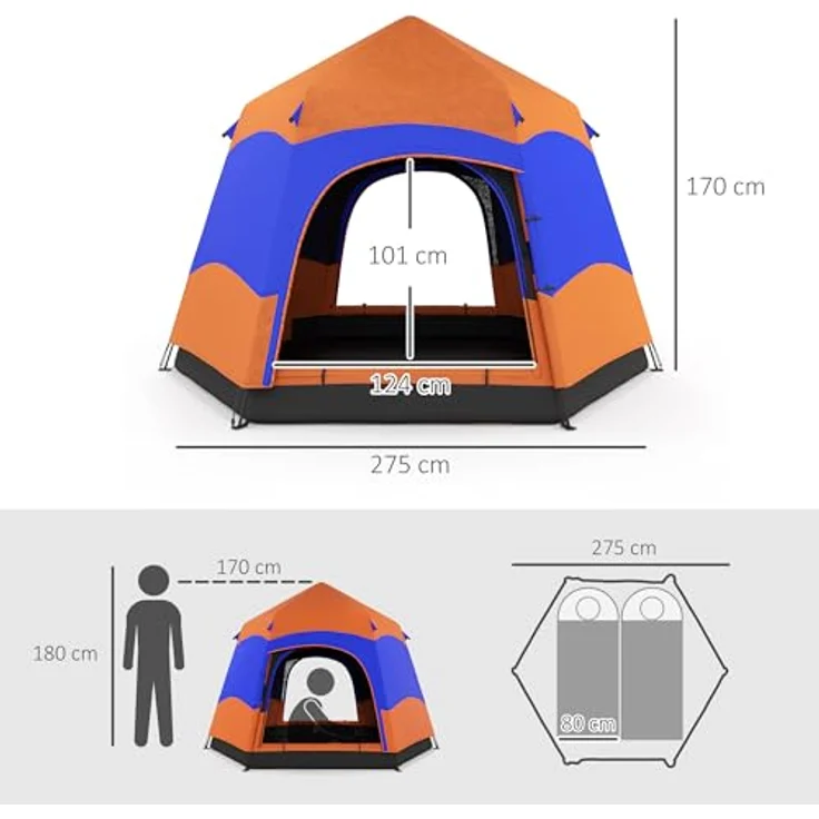 Outsunny Quick-Up-Zelt Doppelwandzelt Outdoor Familienzelt Pop-Up für 4–6 Personen 4 Jahreszeiten wasserdicht Orange + Blau 275 x 275 x 170 cm – Bild 5
