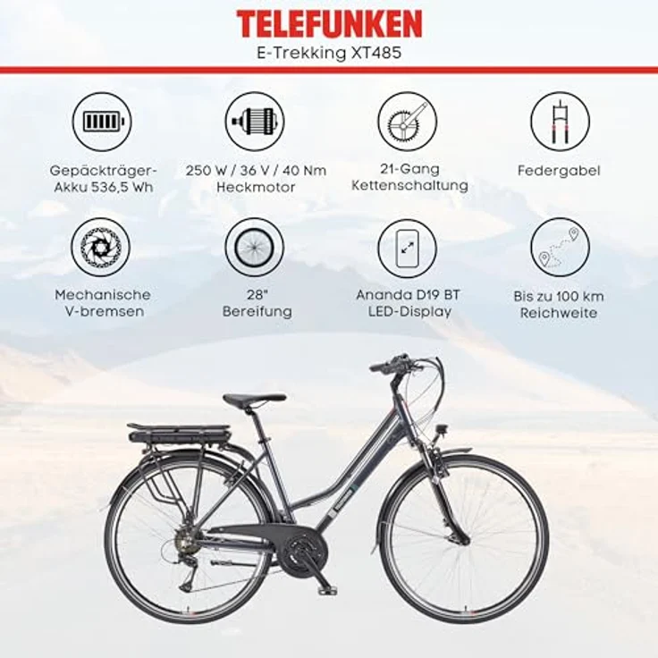 TELEFUNKEN XT485 E-Bike Damen 28 Zoll Trekking-Fahrrad mit 250W Hinterradmotor, 21-Gang Kettenschaltung, 536,5 Wh Akku, V-Bremsen und LED-Beleuchtung – Bild 5