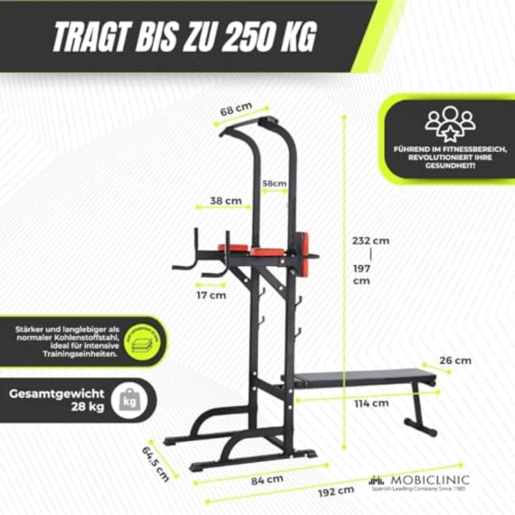 Mobiclinic® Fitness, Krafttrainingsstation, 9 in 1, klappbar, Domifit, verstellbar in 8 Höhen, Klimmzugstange, Liegebank, Langhantelablage, Multifunktion, rutschfest, gepolstert, Stahlgrau – Bild 2