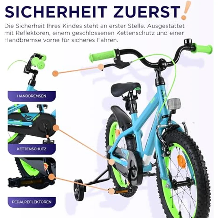 Volare Rocky Kinderfahrrad, 16 Zoll für Jungen, Grün mit geschlossenen Kettenschutz, Handbremse und Rücktrittbremse – Bild 3