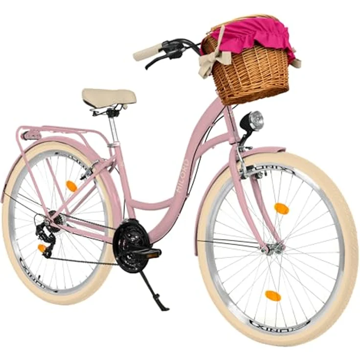 MILORD Damenfahrrad Citybike Komfort, 21-Gang, 26 Zoll, mit Weidenkorb, Rosa-Creme, Retro-Design – Bild 1