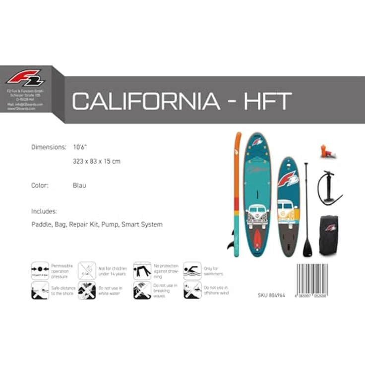 F2 Stand up Paddle Board CALIFORNIA - HFT SUP 10,6, Aufblasbar, Türkis, mit 2 Softfinnen und Zubehörset – Bild 6