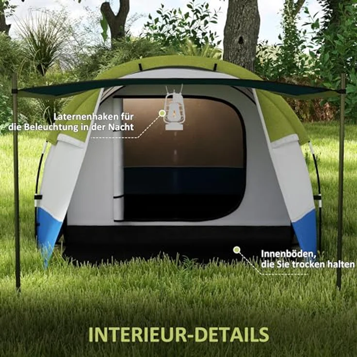 Outsunny Tunnelzelt für 3 Personen, wasserdicht bis 2000mm, mit Lichthaken, Vorzelt und Tragetasche, grün – Bild 5
