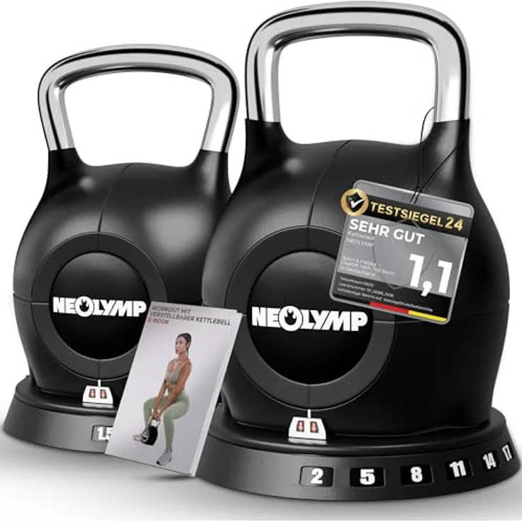 NEOLYMP 7-in-1 Kettlebell Set 1,5-20 kg, verstellbare Kugelhantel mit robustem Edelstahl-Handgriff und Sicherheitsmechanismus – Bild 1