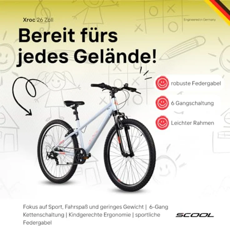 S’COOL Xroc Mountainbike 26 Zoll, 6-Gang Shimano Kettenschaltung, Aluminiumrahmen, Sky Grey/Neon Orange, für Jugendliche 10–14 J. – Bild 3
