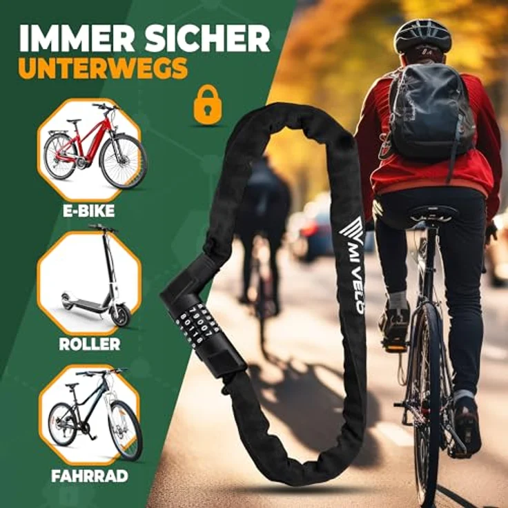 MIVELO Fahrradschloss Kettenschloss 100cm, 8mm gehärteter Stahl, Zahlenschloss mit 100.000 Kombinationen, hohe Sicherheit für E-Bike, MTB & Rennrad – Bild 5