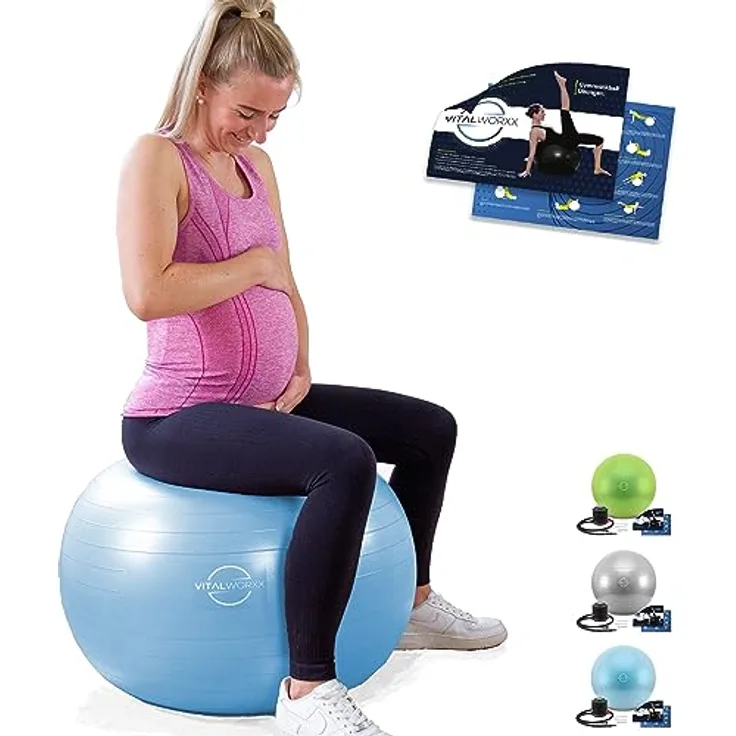 VITALWORXX Gymnastikball für Schwangere, extrem stabil, Sitzball Yogaball Pezziball 75 cm mit Pumpe, mit Übungen für Schwangerschaft, Geburt, Gesundheit,