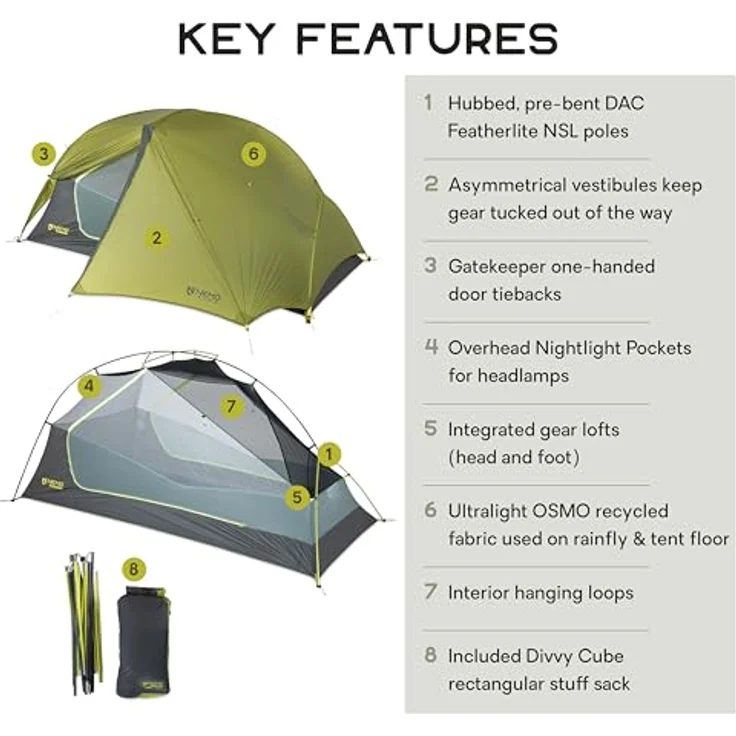 Nemo Dragonfly OSMO 2P, Zelt aus hochfestem OSMO Poly-Nylon-Ripstop-Gewebe, 100% recycelte Garne, PFAS-frei, mit großzügigen Türen und asymmetrischen Vorräumen, farbcodierte eloxierte Stangen – Bild 2