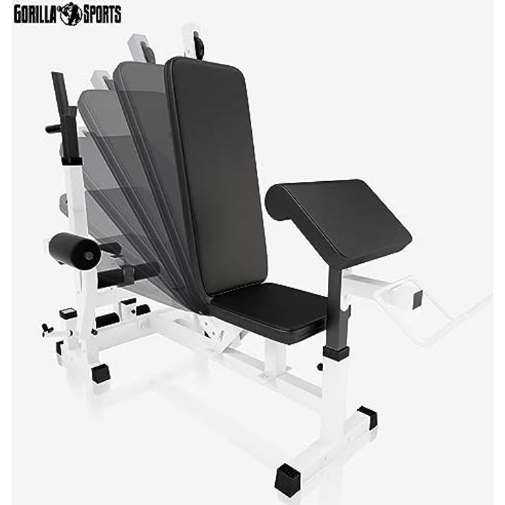 GORILLA SPORTS® Multifunktion Hantelbank - Verstellbar, mit Langhantel-Ablage, Curlpult und Butterfly, Dip-Station, Beincurler, Bankdrücken, Schwarz/Weiß - Trainingsbank, Kraftstation, Fitness Bank – Bild 3