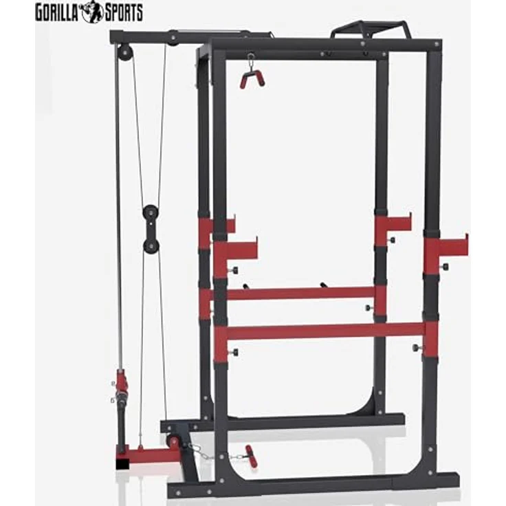 GORILLA SPORTS® Power Rack 154,5 x 164 x 214,5 cm, multifunktionale Kraftstation mit Klimmzugstange, Kabelzug und verstellbaren Hantelablagen, Stahl in Schwarz/Rot – Bild 4