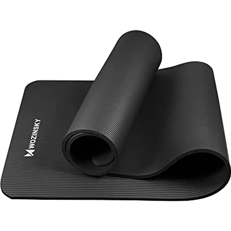 WOZINSKY Fitness-Yogamatte, schwarze Gymnastikmatte mit Rutschhemmung, ideal für Yoga, Pilates und Fitness, 181 cm x 63 cm x 1 cm, inkl. Tragegurt