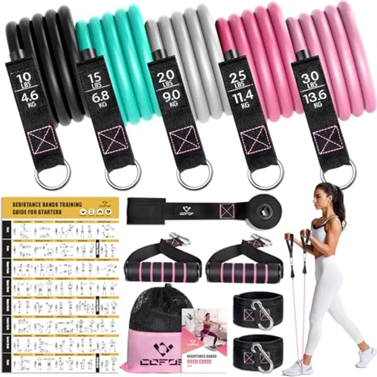 COFOF Resistance Bands Set, 5 Fitnessbänder mit Türanker, großem Griff und Knöchelriemen, ideal für Pilates und Krafttraining, tragbare Fitnessbänder in verschiedenen Widerstandsstufen