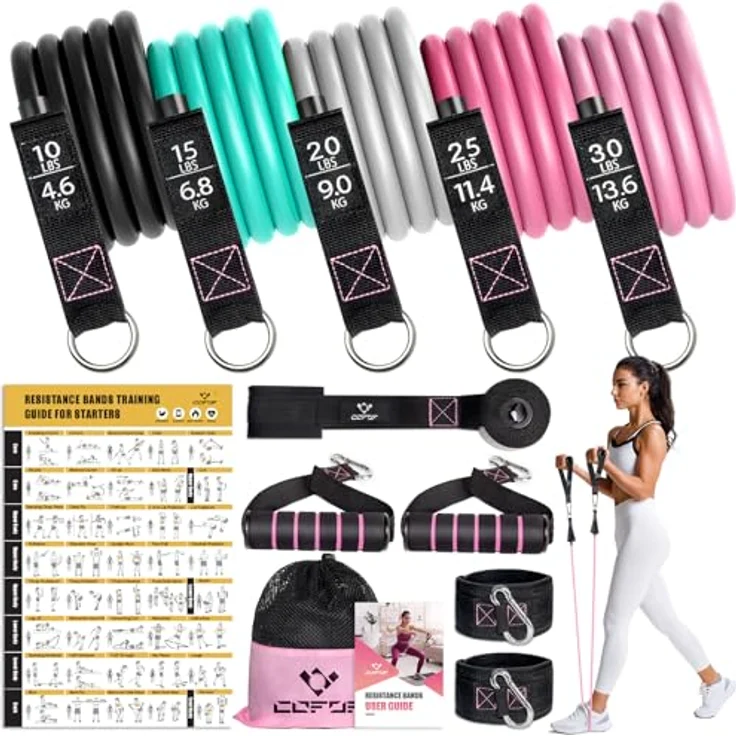 COFOF Resistance Bands Set, 5 Fitnessbänder mit Türanker, großem Griff und Knöchelriemen, ideal für Pilates und Krafttraining, tragbare Fitnessbänder in verschiedenen Widerstandsstufen – Bild 1
