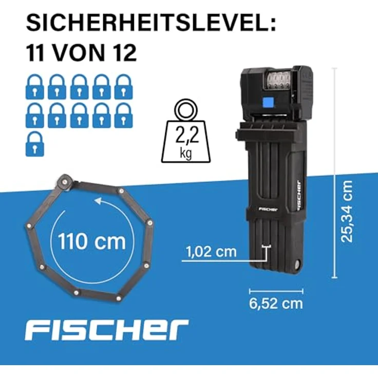 Fischer Fahrrad-Faltschloss PROTEC PLUS+ FN110, extra langes Faltschloss mit beleuchteten 4-fach Zahlenwalzen, 10.000 Kombinationsmöglichkeiten, Soft-Material Überzug, geeignet zum Abschließen von 2 Fahrrädern – Bild 6