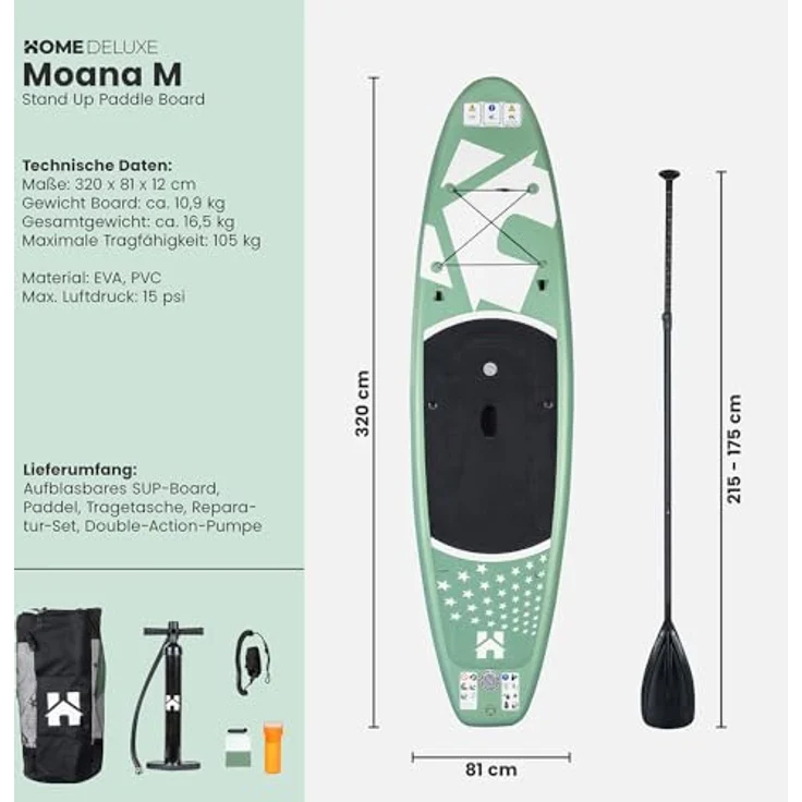 HOME DELUXE Stand Up Paddle Board MOANA, aufblasbares SUP in Mintgrün mit rutschfester Oberfläche und 3-Finnen-System, Größe M – Bild 8