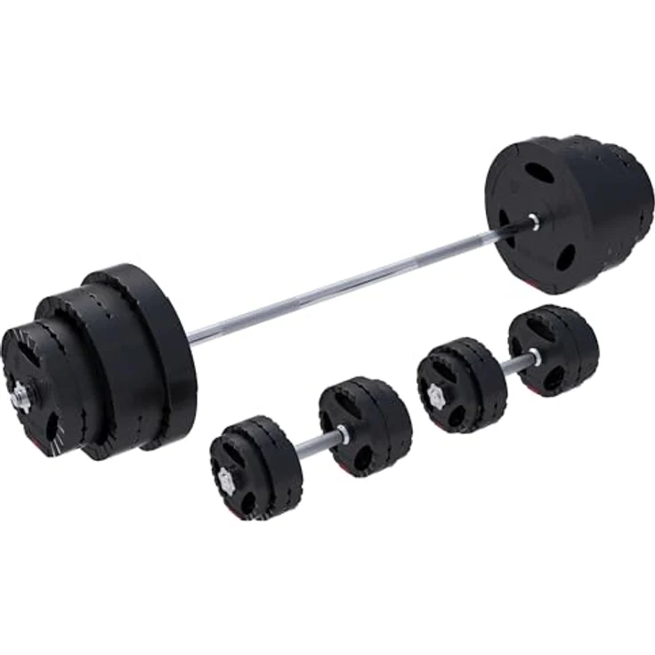 GORILLA SPORTS® Hantelset 130kg - Langhantelstange 170cm, 2 Kurzhanteln, 30mm Hantelscheiben aus Kunststoff, mit Sternverschlüssen - Schwarz - Fitness Gewichte – Bild 1