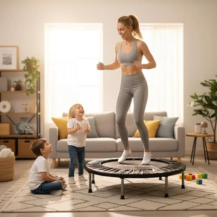 Relaxdays Indoor Trampolin, Ø 95 cm, faltbares Minitrampolin bis 100 kg für Fitness & Gymnastik, grau – Bild 3