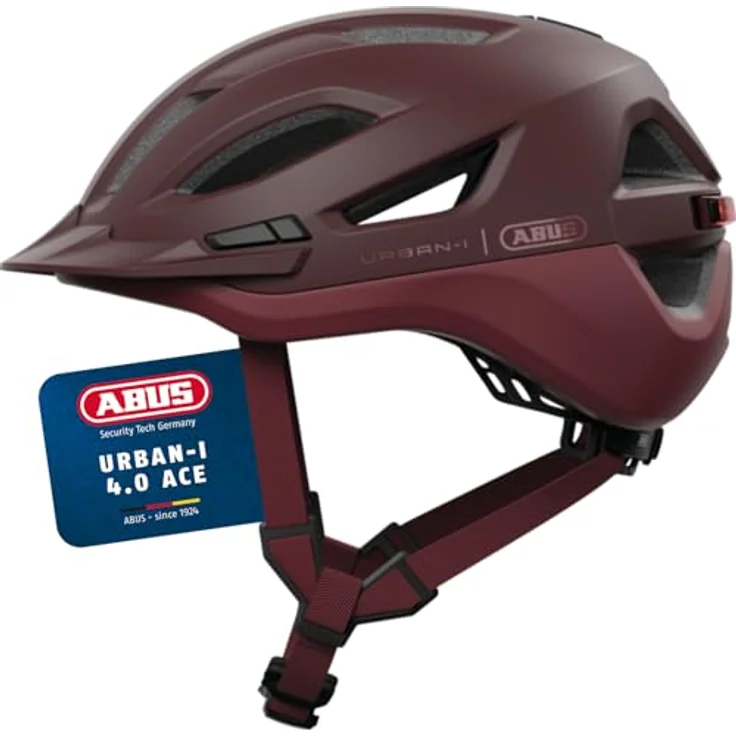 ABUS Stadthelm Urban-I 4.0 ACE, Fahrradhelm mit aufladbarem Rücklicht, 4 Leuchtmodi, Schirm, Zopf-Öffnung, magnetischem Verschluss - Größe L, rot – Bild 1