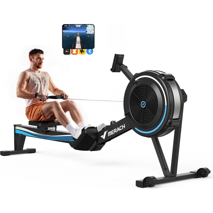 Merach Klappbares Luftwiderstands-Rudergerät mit Bluetooth, LCD-Display, ergonomischem Sitz, verstellbarem Tablet-Halter, bis 158 kg, Profi-Indoor Cardio