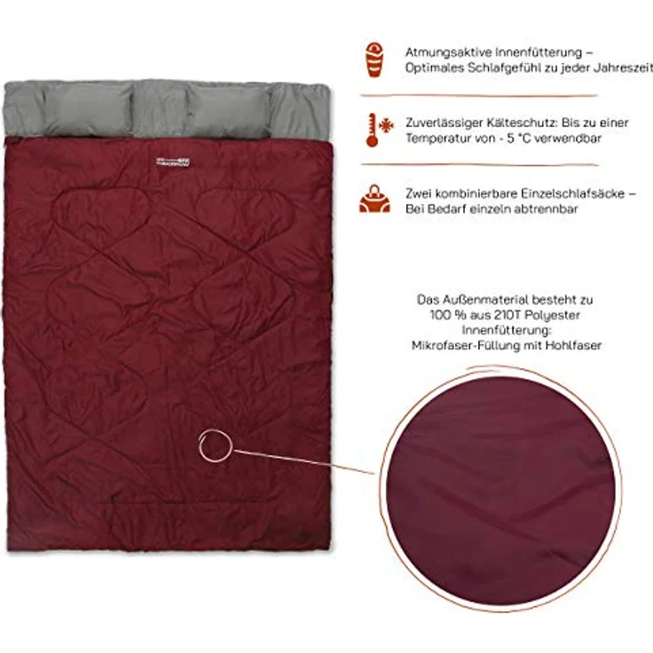 Lumaland Where Tomorrow Doppelschlafsack 190 x 150 cm - Weinrot, 2-Personen Schlafsack, wasserabweisend, atmungsaktiv, 300 g/m² – Bild 4